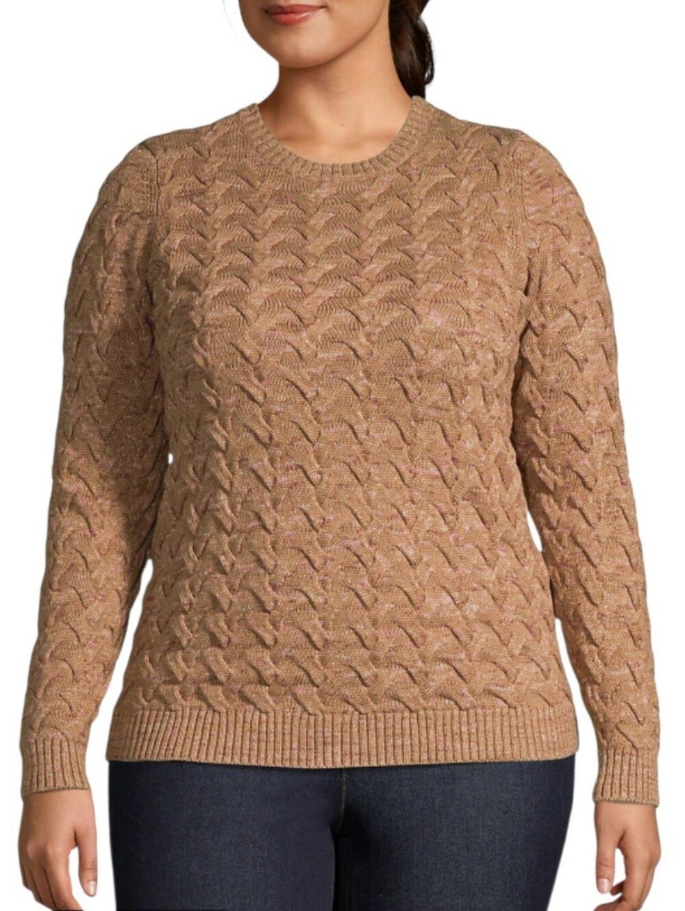 Lands' End Drifter Cotton Crewneck Basket Weave Cable Knit Sweater Tan Pink XL